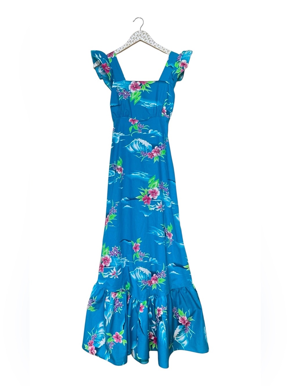 Vintage 70s Royal Hawaiian Maxi Dress Blue Floral Tropical Ruffle Hawaii Cotton